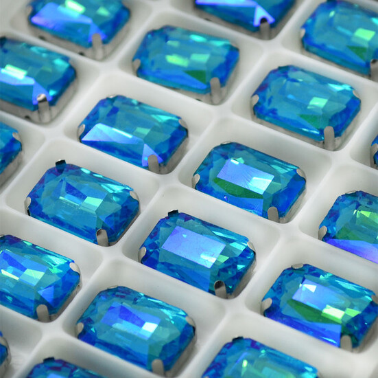 Стразы в цапах пришивные Прямоугольник 10х14 мм Голубой АВ 10 шт.