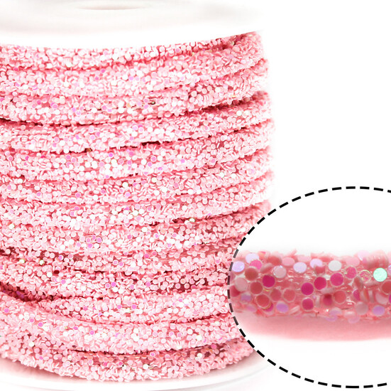 Полый шнур покрытый блёстками 6 мм 1 м Розовый АВ