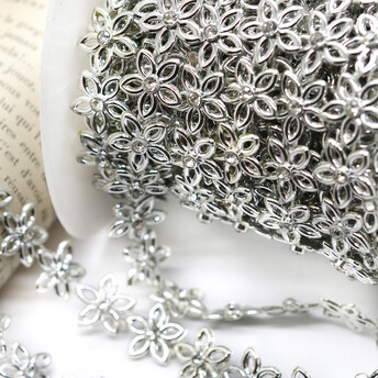 Полубусины на нитке цветы со стразами 15 мм 1 м Серебро Silver_АА089