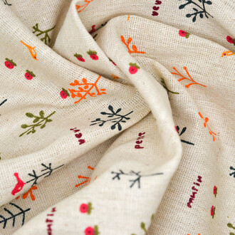 Ткань 55% лен 45% хлопок 150x100 см Бежевый с рисунком: деревья птицы цветы