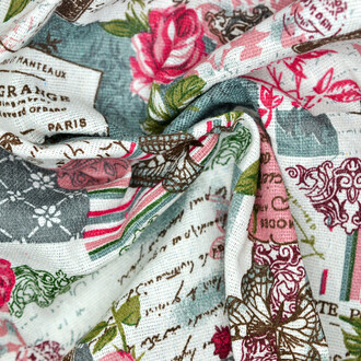 Ткань 55% лен 45% хлопок 150x100 см Белый розовый с принтом розы бабочки надписи