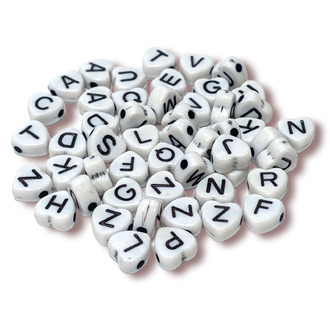 Пластиковые бусины Сердце алфавит ABC: 7х4 мм 25 г (пр. 188 шт.): Белый Черные буквы.