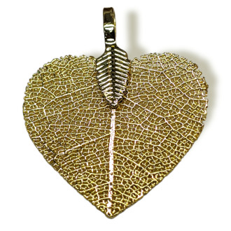 Натуральный Лист, Сердце, Гальваника, Размер 27х35мм, Цвет Золото