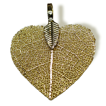 Натуральный Лист, Сердце, Гальваника, Размер 27х35мм, Цвет Золото