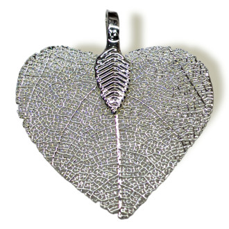 Натуральный Лист, Сердце, Гальваника, Размер 27х35мм, Цвет Серебро