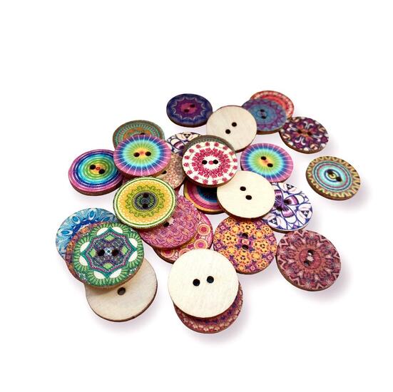 Пуговицы деревянные с принтом Орнамент круглые 20 мм 30 шт. Разноцветный