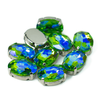 Стразы в цапах пришивные Овал 10х14 мм Зеленый АВ 5 шт.