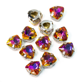 Стразы стекло К9 в цапах Треугольник 7 мм Фиолетово-желтый 4 шт. _СЦ07026