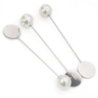 Булавка основа для броши с жемчужиной и платформой 80х15 мм Платина 6 шт.