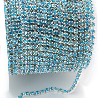 Стразовая цепь ss6 (2 мм) 1 м Aquamarine silver