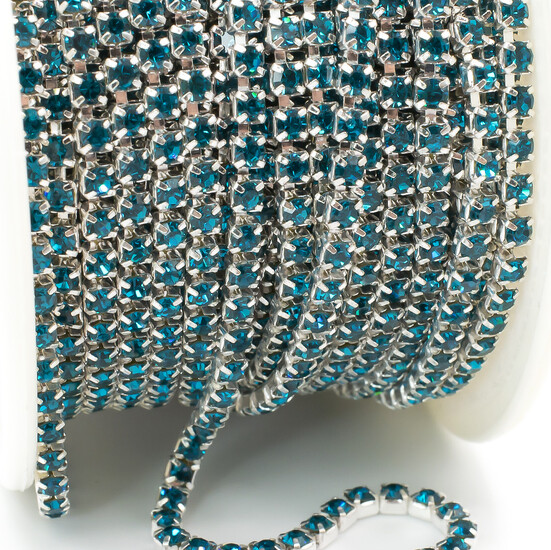 Стразовая цепь ss6 (2 мм) 1 м Aquamarine dark silver