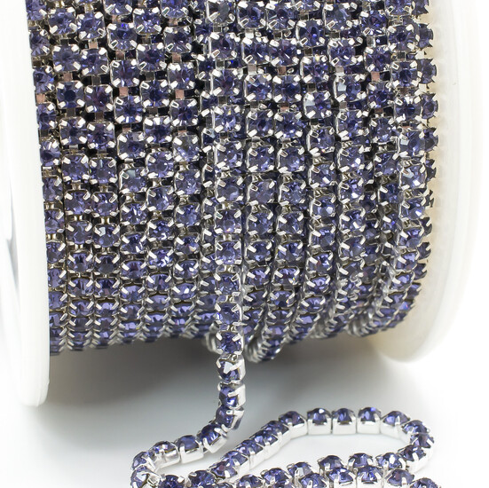 Стразовая цепь ss6 (2 мм) 1 м Тanzanite silver