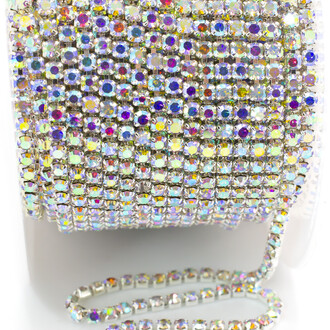 Стразовая цепь ss6 (2 мм) 1 м Crystal AB silver