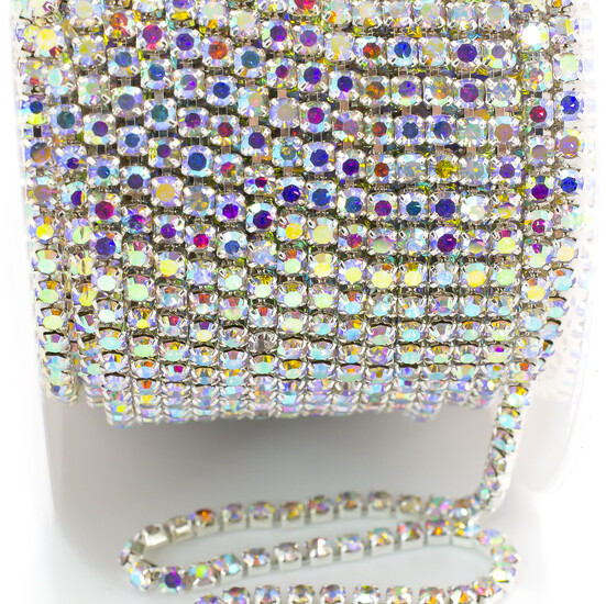 Стразовая цепь ss6 (2 мм) 1 м Crystal AB silver