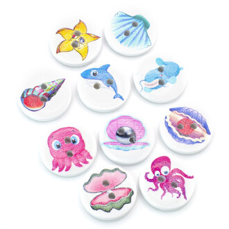 Пуговицы деревянные с принтом Морские жители круглые 20 мм 15 шт. Разноцветный