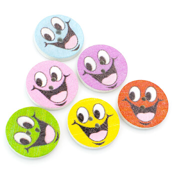 Пуговицы деревянные с принтом Смайлики круглые 17 мм 20 шт. Разноцветный