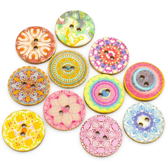 Пуговицы деревянные с принтом Орнамент круглые 20 мм 30 шт. Разноцветный