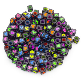 Бусины пластиковые куб, Сердечки 6х6 мм Черный с разными цветами +-25 г (+-