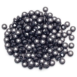 Бусины таблетка Сердечки 7х4 мм Черный с белым +-25 г (+-200 шт.)