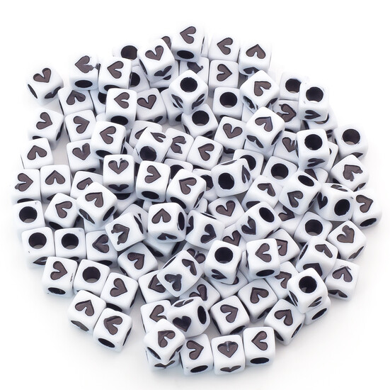 Бусины пластиковые куб, Сердечки 6х6 мм Белый с черным +-25 г (+-145 шт.)