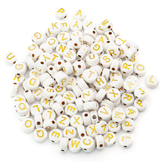 Намистини таблетка алфавіт ABC 7х4 мм Білий літери Золотисті упаковці 25 г (+-190 шт.)