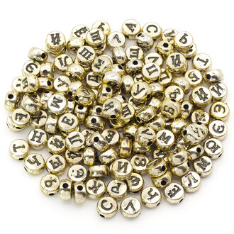 Бусины таблетка алфавит АБВ 7х4 мм Золотистый буквы Черные +-25 г (+-190 шт.)