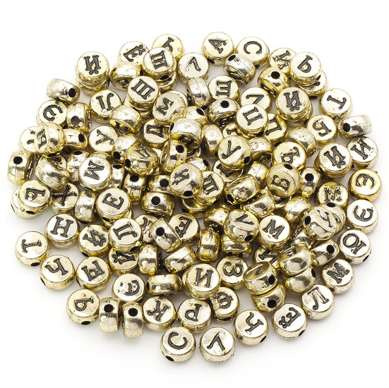 Бусины таблетка алфавит АБВ 7х4 мм Золотистый буквы Черные +-25 г (+-190 шт.)