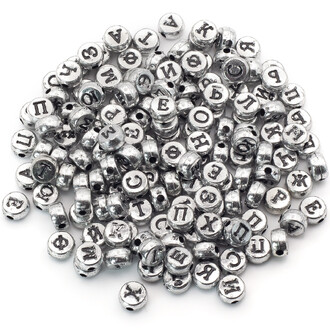 Бусины таблетка алфавит АБВ 7х4 мм Серебристый буквы Черные +-25 г (+-190 шт.)