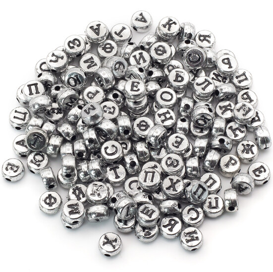 Бусины таблетка алфавит АБВ 7х4 мм Серебристый буквы Черные +-25 г (+-190 шт.)