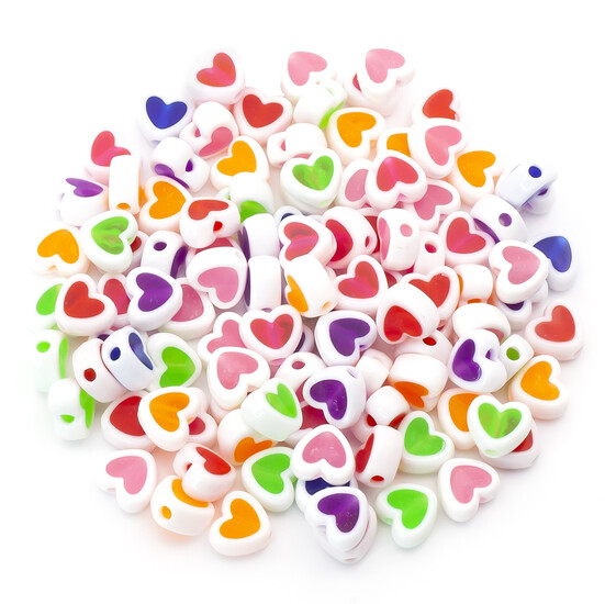 Бусины пластиковые Сердечки 10х4 мм 25 г (±130 шт.) Белый с разными цветами