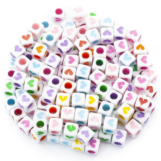 Бусины пластиковые куб, Сердечки 6х6 мм Белый с разными цветами +-25 г (+-