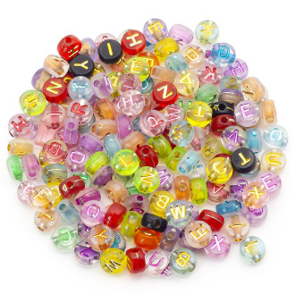 Бусины таблетка алфавит ABC 7х4 мм Полурозрачные буквы Разных цветов +-25 г (+-190 шт.)