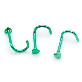 Серьга для пирсинга Нострил сердце, из нержавеющей стали, размер 2,5х7х0,8мм, цвет Зеленый, 1 шт.