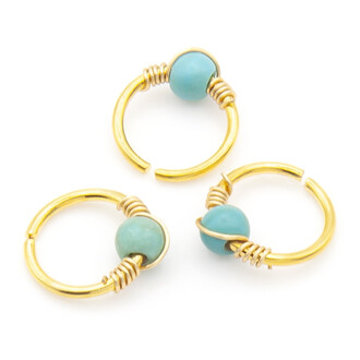 Серьга для пирсинга Кольцо с декором, размер 6х0,8мм, цвет Золотистый с бирюзой, 1 шт.