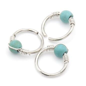 Серьга для пирсинга Кольцо с декором, размер 6х0,8мм, цвет Серебристый с бирюзой, 1 шт.