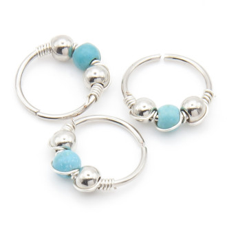 Серьга для пирсинга Кольцо с декором, размер 8х0,31мм, цвет Серебристый с бирюзой, 1 шт.