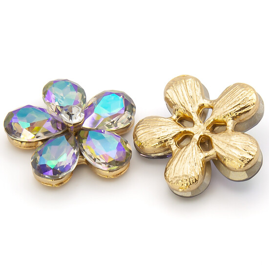 Стразовый декор Цветок 5 лепестков 21х7 мм Фиолетово-зеленый АВ с золотом 1 шт.