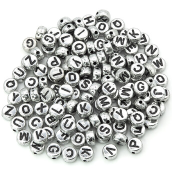 Пластиковые бусины Таблетка алфавит ABC 7х4 мм 25 г (+-190 шт.) Серебро