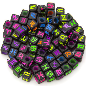 Бусины куб, Знаки зодиака 7х7 мм Черный с разными цветами неон +-25 г (+-90 шт.)