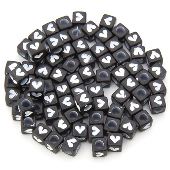 Бусины пластиковые куб, Сердечки 6х6 мм Черный с Белым +-25 г (+-145 шт.)