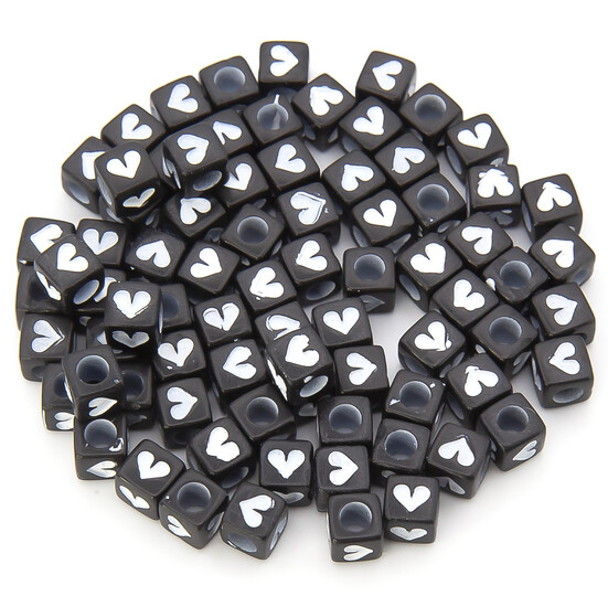 Бусины пластиковые куб, Сердечки 6х6 мм Черный с Белым +-25 г (+-145 шт.)