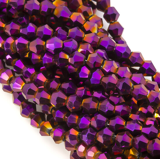 Бусины хрустальные Биконус 4х4,2 мм Ø 1 мм (+-95 шт.) Фиолетово-желтый металлизированный