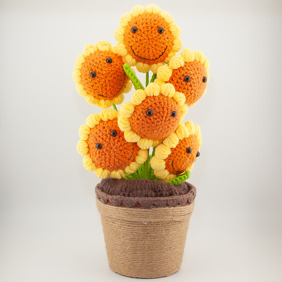 Подсолнух в горшке, вязаный, на 6 цветков, размер 33х13см, цвет Желтый, 1шт.