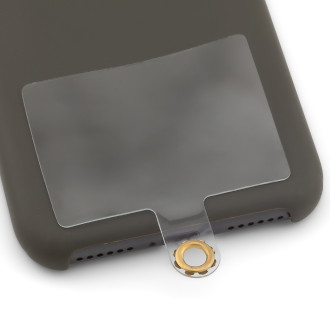 Держатель шнурка для телефона подложки 40х54 мм язычок 20х11 мм 1 шт. Прозрачный с Золотистым