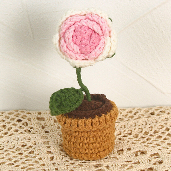Роза в горшке, вязаная, игольница/декор, на 1 цветок, размер 16х5см, цвет Розовый, 1шт.