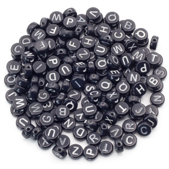 Бусины таблетка алфавит ABC 7х4 мм +-25 г Черный буквы Белые