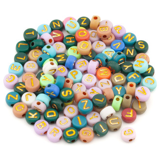 Бусины таблетка алфавит ABC 7х4 мм +-25 г 190 шт. Разноцветные с золотом
