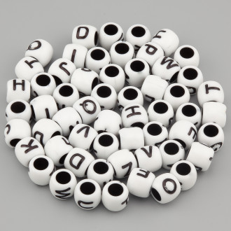 Бусины боченок алфавит ABC 8х9 мм Ø 5 мм +-25 г Белый буквы черные
