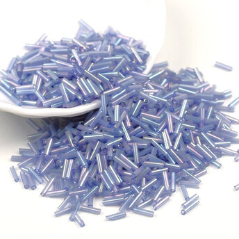 Бисер стеклярус блестящий 2х6 мм 50 г Синий светлый радужный