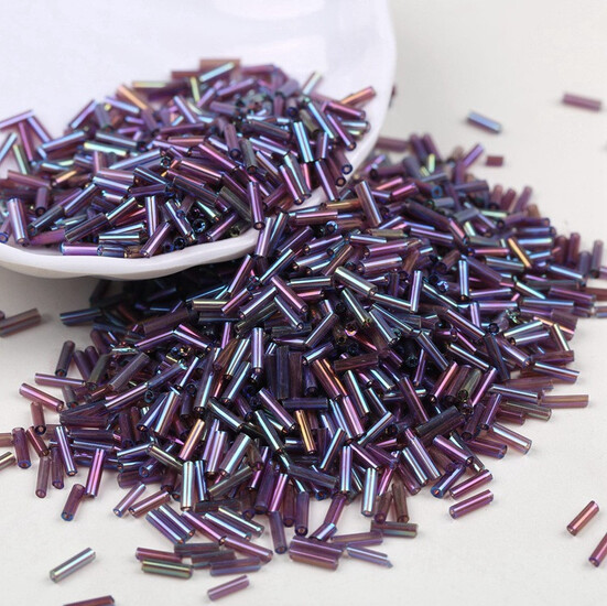 Бисер стеклярус блестящий 2х6 мм 50 г Фиолетовый радужный